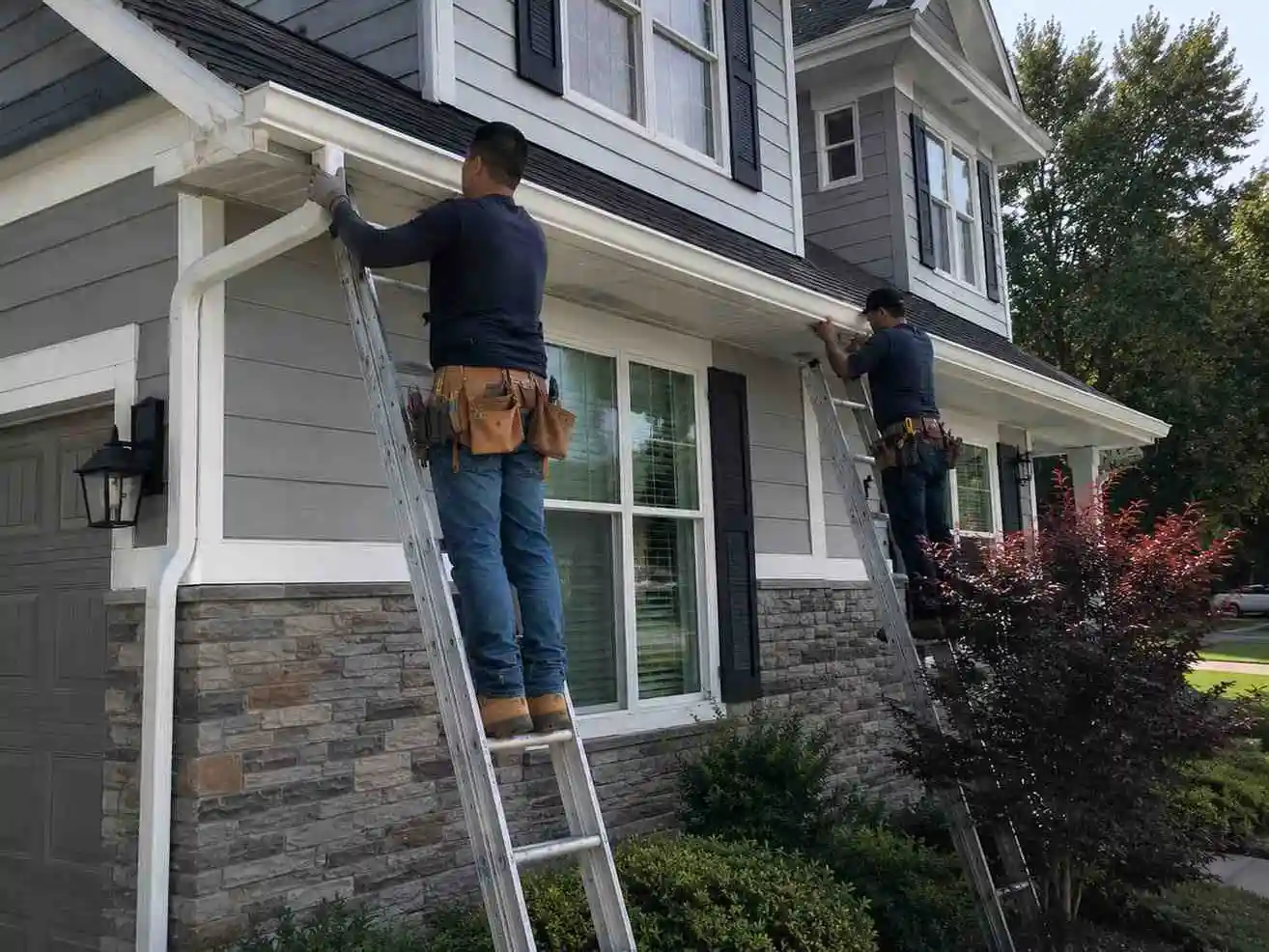Professionally installed rain gutters on a residential home in Amarillo, Texas